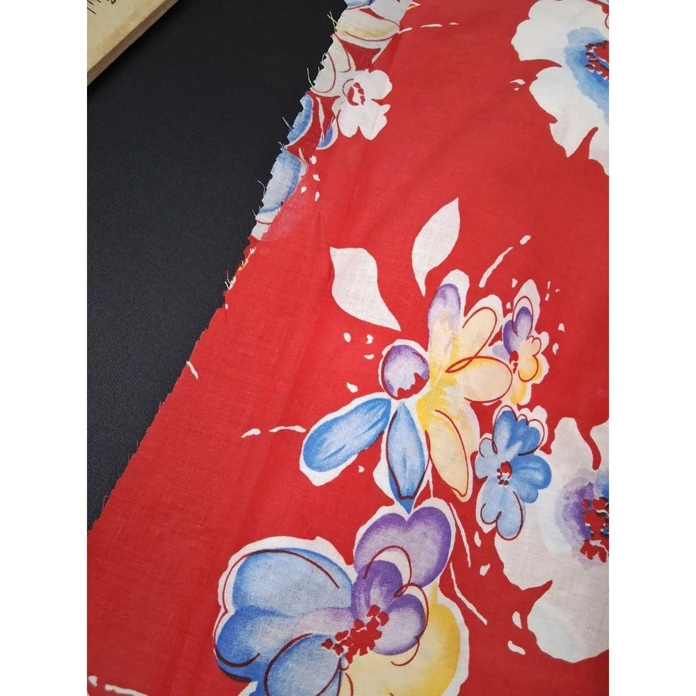 Vintage Ameritex Fabric Red w/ Blue White Florals Cotton Fabric MCM 54 Inches